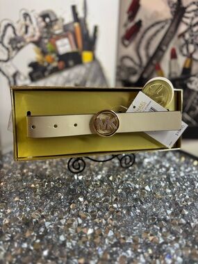 Michael Kors Cream Leather Belt with Gold MK Logo Buckle